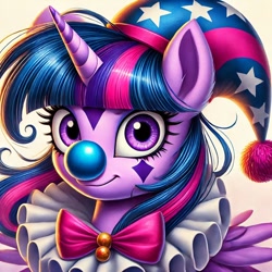 Size: 1024x1024 | Tagged: safe, ai content, derpibooru import, generator:bing image creator, generator:dall-e 3, machine learning generated, twilight sparkle, alicorn, pony, g4, alternate hairstyle, bowtie, clown, female, hat, horn, mare, prompter:heydude5321, solo, wings