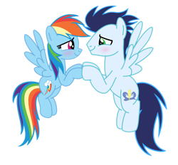 Size: 1280x1188 | Tagged: safe, artist:soarindasher10, derpibooru import, rainbow dash, soarin', pegasus, pony, blushing, female, flying, looking at each other, looking at someone, male, mare, shipping, simple background, smiling, smiling at each other, soarindash, stallion, straight, transparent background