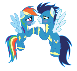 Size: 1280x1188 | Tagged: safe, artist:soarindasher10, derpibooru import, rainbow dash, soarin', pegasus, pony, blushing, clothes, female, flying, looking at each other, looking at someone, male, mare, shipping, simple background, smiling, smiling at each other, soarindash, stallion, straight, transparent background, uniform, wonderbolts, wonderbolts uniform