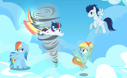 Size: 750x463 | Tagged: safe, artist:shadowandromedayt, derpibooru import, rainbow dash, soarin', oc, oc:cloud wind, oc:tornado dash, pegasus, pony, female, filly, foal, male, mare, offspring, parent:rainbow dash, parent:soarin', parent:zephyr breeze, parents:soarindash, parents:zephdash, shipping, soarindash, stallion, straight