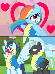 Size: 580x774 | Tagged: safe, artist:cookiebunbun27, derpibooru import, rainbow dash, soarin', thunderlane, pegasus, pony, g4, blushing, crush, female, in love, male, mare, shipping, soarindash, spread wings, stallion, straight, wingboner, wings