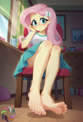 Size: 2496x3648 | Tagged: safe, ai content, derpibooru import, machine learning generated, fluttershy, human, equestria girls, g4, chair, clothes, feet, female, fetish, foot fetish, generator:civitai, indoors, low angle, prompter:trux23, shy, solo, toes, worried