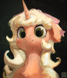 Size: 1553x1797 | Tagged: safe, artist:rvsd, derpibooru import, oc, oc only, oc:noai, pony, unicorn, bust, ears, female, floppy ears, freckles, horn, looking at you, mare, signature, smiling, smiling at you, solo