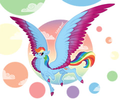 Size: 1000x800 | Tagged: safe, artist:xeon777art, derpibooru import, rainbow dash, pegasus, pony, g4, abstract background, cloud, colored hooves, colored wings, colored wingtips, concave belly, cute, dashabetes, female, flying, grin, hooves, impossibly large wings, large wings, mare, rainbow dash is best pony, rainbow sass, signature, slender, smiling, solo, thin, two toned wings, wings