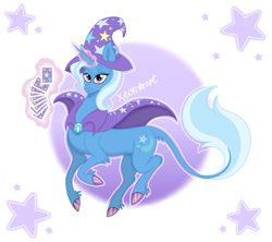 Size: 900x800 | Tagged: safe, artist:xeon777art, derpibooru import, trixie, pony, unicorn, g4, cape, card, clothes, colored hooves, female, glowing, glowing horn, hat, hooves, horn, leonine tail, magic, mare, signature, smiling, solo, tail, telekinesis, trixie's cape, trixie's hat