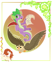 Size: 1000x1200 | Tagged: safe, artist:xeon777art, derpibooru import, owlowiscious, spike, bird, dragon, owl, g4, baby, baby dragon, duo, male, quill, scroll, signature