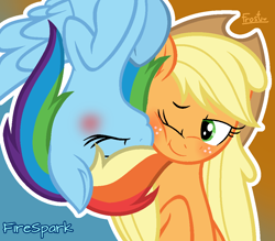 Size: 1000x876 | Tagged: safe, artist:firesparkmlp, derpibooru import, applejack, rainbow dash, earth pony, pegasus, pony, g4, appledash, blushing, female, kissing, lesbian, mare, shipping