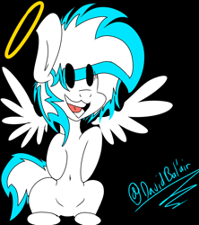 Size: 1600x1800 | Tagged: safe, artist:david_bal'air, derpibooru import, oc, oc:known pony, angel, seraph, belly, belly button, excited, halo, multiple wings, sitting, smiling, spread wings, wide eyes, wings