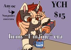 Size: 1548x1084 | Tagged: safe, artist:alleymutt, derpibooru import, oc, pony, unicorn, alcohol, bottle, commission, drink, female, horn, hybrid oc, in my im fine era, mare, meme, mug, pouring, solo, whiskey, ych example, your character here