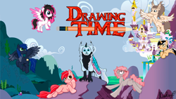 Size: 1433x806 | Tagged: safe, artist:klonray, derpibooru import, oc, oc only, oc:colton whittles, oc:dima, oc:dream gray, oc:itssim, oc:krista pebble, oc:lunylin, oc:star reader, bird, earth pony, hybrid, kirin, owl, pegasus, pony, unicorn, adventure time, canterlot, canterlot castle, earth pony oc, female, horn, kirin oc, male, mare, parody, pegasus oc, pencil, stallion, stallion oc, unicorn oc