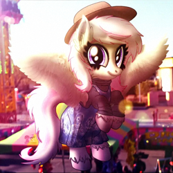 Size: 720x720 | Tagged: safe, artist:yourboimario, derpibooru import, oc, oc only, oc:sweet shutter, pegasus, pony, g4, clothes, female, irl, looking at you, mare, photo, ponies in real life, smiling, smiling at you, solo, spread wings, wings