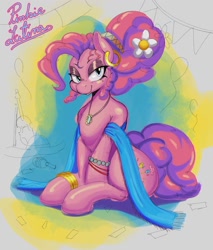 Size: 1700x2000 | Tagged: safe, artist:dominismortis, derpibooru import, pinkie pie, earth pony, pony, g4, bracelet, ear piercing, earring, female, flower, flower in hair, hooped earrings, jewelry, latina pinkie pie, lidded eyes, looking at you, mare, necklace, piercing, shawl, sitting, smiling, smiling at you, solo