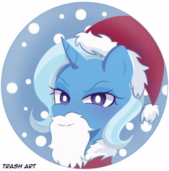 Size: 2028x2048 | Tagged: safe, artist:eltrash_art6, derpibooru import, trixie, pony, unicorn, g4, blushing, christmas, clothes, costume, cute, diatrixes, fake beard, female, hat, holiday, horn, icon, mare, santa costume, santa hat, snow, solo