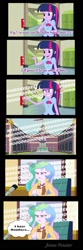 Size: 634x1903 | Tagged: safe, artist:jenna56, derpibooru import, princess celestia, principal celestia, twilight sparkle, human, equestria girls, g4, calendar, canterlot high, chair, clothes, coffee, coffee mug, comic, female, fire alarm, flag, glass door, indoors, lockers, microphone, mug, office chair, onomatopoeia, outdoors, speech bubble, stairs, text, this will end in tears, uniform