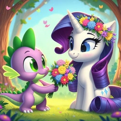 Size: 1024x1024 | Tagged: safe, ai content, derpibooru import, machine learning generated, rarity, spike, dragon, unicorn, g4, bouquet, female, flower, horn, male, prompter:bluey2309, shipping, sparity, straight