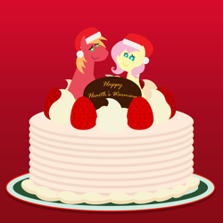 Size: 2160x2160 | Tagged: safe, anonymous artist, derpibooru import, big macintosh, fluttershy, earth pony, pegasus, pony, series:fm holidays, series:hearth's warming advent calendar 2024, g4, advent calendar, alternate hairstyle, cake, cake topper, chocolate, christmas, christmas cake, duo, duo male and female, female, fluttermac, food, gradient background, happy hearth's warming, hat, hearth's warming, high res, holiday, lineless, looking at you, male, mare, pointy ponies, santa hat, shipping, short mane, smiling, smiling at you, stallion, straight, strawberry