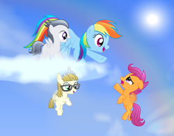 Size: 2773x2163 | Tagged: safe, artist:rainbownspeedash, derpibooru import, rainbow dash, rumble, scootaloo, zippoorwhill, pegasus, pony, g4, buzzing wings, cheering, cloud, cloudy, colt, female, filly, foal, male, mare, scootaloo can fly, scootalove, wings