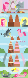 Size: 2202x6014 | Tagged: safe, artist:funny-arts, derpibooru import, part of a series, part of a set, gabby, pinkie pie, earth pony, griffon, pony, series:gabby griffon in daily activity, g4, baking, basket, beak, belly, cake, cloud, comic, duo, duo female, eating, eating contest, eyes closed, female, fist bump, flying, food, food baby, giant food, hammerspace belly, impossible fit, jumping, lying down, mare, on back, open beak, open mouth, open smile, ponytail, round belly, sky, smiling, spread wings, stuffed, stuffed belly, stuffing, window, wings