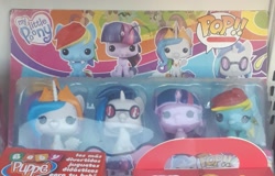 Size: 2129x1362 | Tagged: safe, derpibooru import, dj pon-3, princess celestia, rainbow dash, twilight sparkle, vinyl scratch, alicorn, pegasus, unicorn, g4, bootleg, female, funko pop!, horn, my little poony, toy