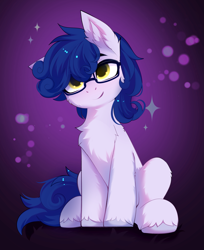 Size: 3381x4138 | Tagged: oc name needed, safe, artist:empress-twilight, derpibooru import, oc, oc only, earth pony, pony, blue mane, blue tail, brown pupils, cheek fluff, chest fluff, colored hooves, colored pupils, commission, ear fluff, ears, earth pony oc, eyebrows, eyebrows visible through hair, glasses, golden eyes, gradient background, gradient eyes, gray hooves, high res, hooves, leg fluff, looking up, male, male oc, shaggy mane, shiny mane, shiny tail, sitting, smiling, sparkles, square glasses, stallion, stallion oc, tail, unshorn fetlocks, white coat, ych result