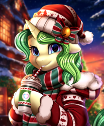 Size: 2571x3098 | Tagged: safe, artist:pridark, derpibooru import, oc, pony, unicorn, bust, christmas, commission, drinking straw, holiday, horn, portrait, smiling, starbucks, ych result