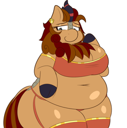 Size: 2240x2260 | Tagged: safe, artist:blitzyflair, derpibooru import, oc, oc only, oc:pixel cache, anthro, kirin, belly, bra, chubby, clothes, fat, female, garter belt, hand on belly, kirin oc, mare, obese, rule 63, simple background, smiling, socks, solo, thigh highs, thighs, underwear