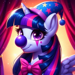 Size: 1024x1024 | Tagged: safe, ai content, derpibooru import, generator:bing image creator, generator:dall-e 3, machine learning generated, twilight sparkle, alicorn, g4, bowtie, clown, clown makeup, curtains, female, hat, horn, mare, prompter:heydude5321, solo, wings