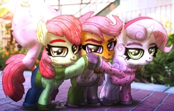 Size: 4074x2586 | Tagged: safe, artist:yourboimario, derpibooru import, apple bloom, scootaloo, sweetie belle, earth pony, pegasus, pony, unicorn, g4, alternate hairstyle, alternate universe, clothes, cutie mark crusaders, high res, horn, irl, photo, ponies in real life, trio