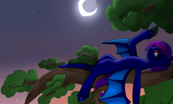 Size: 3206x1924 | Tagged: safe, artist:catcathry, derpibooru import, oc, oc only, oc:purple hole, bat pony, pony, crescent moon, in a tree, lying down, moon, night, solo, tree