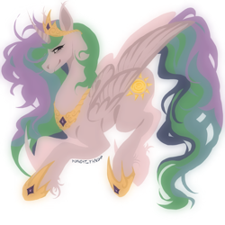 Size: 2285x2285 | Tagged: safe, artist:mdnght-thndr, derpibooru import, princess celestia, alicorn, pony, crown, female, folded wings, hoof shoes, jewelry, mare, peytral, profile, regalia, signature, simple background, smiling, solo, white background, wings