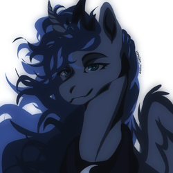 Size: 2285x2285 | Tagged: safe, artist:mdnght-thndr, derpibooru import, princess luna, alicorn, pony, bust, crown, female, jewelry, mare, peytral, portrait, regalia, signature, simple background, smiling, solo, white background