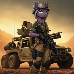 Size: 1024x1024 | Tagged: safe, ai content, derpibooru import, machine learning generated, limestone pie, anthro, earth pony, series:g.i. pony: a real equestrian hero, g4, assault rifle, clothes, cosplay, costume, crankcase, desert, female, frown, g.i. joe, generator:google imagen 3.0, gloves, gun, helmet, jeep, military uniform, outdoors, prompter:zerowinger, rifle, solo, uniform, weapon