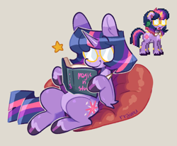 Size: 1060x874 | Tagged: safe, artist:rraimu, derpibooru import, twilight sparkle, unicorn twilight, pony, unicorn, g4, alternate design, beanbag chair, bookhorse, female, glasses, gray background, hoof hold, horn, lying down, mare, on back, pale belly, pony town, reading, round glasses, simple background, sitting, smiling, solo, stars, unshorn fetlocks