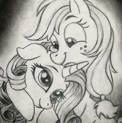 Size: 600x604 | Tagged: safe, artist:raveneesimo, derpibooru import, applejack, rarity, earth pony, unicorn, cute, female, freckles, hatless, horn, hug, jackabetes, lesbian, mare, missing accessory, monochrome, pencil drawing, raribetes, rarijack, shipping, sketch, traditional art