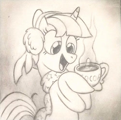 Size: 600x593 | Tagged: safe, artist:raveneesimo, derpibooru import, twilight sparkle, unicorn twilight, unicorn, chocolate, clothes, cute, earmuffs, female, food, horn, hot chocolate, mare, scarf, sketch, solo, traditional art, twiabetes