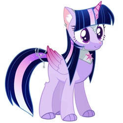 Size: 1096x1096 | Tagged: safe, artist:tsunqi, derpibooru import, twilight sparkle, twilight sparkle (alicorn), alicorn, cat, cat pony, original species, pony, alternate design, circlet, colored pinnae, colored wings, ear piercing, earring, ethereal mane, female, folded wings, gradient horn, gradient mane, gradient tail, gradient wings, horn, jewelry, mare, paws, piercing, redesign, simple background, solo, sparkles, sparkly mane, sparkly tail, standing, starry mane, starry tail, tail, tail jewelry, white background, wings