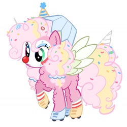 Size: 1410x1410 | Tagged: safe, artist:tsunqi, derpibooru import, pinkie pie, pegasus, pony, :3, alternate design, blue eyes, butt fluff, candy, chest fluff, clothes, clown, clown makeup, clown nose, colored wings, confetti, confetti in mane, confetti in tail, ear fluff, ears, female, food, green eyes, hat, heterochromia, leg fluff, lollipop, mare, party hat, pegasus pinkie pie, pigtails, race swap, raised hoof, raised leg, red nose, redesign, roller skates, simple background, skates, socks, solo, spread wings, striped socks, white background, wings