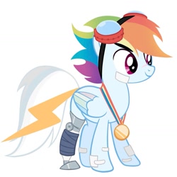 Size: 1165x1165 | Tagged: safe, artist:tsunqi, derpibooru import, rainbow dash, pegasus, pony, alternate design, amputee, bandage, bandaid, colored wings, female, folded wings, goggles, goggles on head, gold medal, lightning, mare, medal, mismatched mane and tail, multicolored wings, no eyelashes, nose scar, prosthetic leg, prosthetic limb, prosthetics, rainbow wings, redesign, scar, simple background, solo, standing, tail, white background, white tail, wings