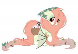 Size: 1947x1356 | Tagged: safe, artist:tsunqi, derpibooru import, fluttershy, bat pony, butterfly, pony, rabbit, alternate design, animal, basket, bat ponified, bat wings, braid, braided tail, clothes, colored wings, ears back, facial markings, female, flower, flutterbat, gradient mane, gradient tail, headkerchief, impossibly long mane, impossibly long tail, leaves, leaves in hair, leaves in mane, leaves in tail, lidded eyes, long mane, mare, mealy mouth (coat marking), race swap, raised hoof, raised leg, red eyes, redesign, simple background, socks, solo, standing, tail, twigs in hair, twigs in mane, twigs in tail, two toned wings, unshorn fetlocks, white background, wings, wings down