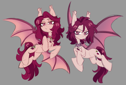 Size: 2931x1971 | Tagged: safe, artist:crimmharmony, derpibooru import, oc, oc only, oc:crimm harmony, bat pony, bat wings, cherry, choker, duo, ear fluff, ears, female, flying, food, lidded eyes, looking at you, looking away, mare, nonbinary, nonbinary oc, simple background, spread wings, unamused, wings