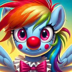 Size: 1024x1024 | Tagged: safe, ai content, derpibooru import, generator:bing image creator, generator:dall-e 3, machine learning generated, rainbow dash, pegasus, g4, bowtie, clown, clown nose, female, mare, prompter:heydude5321, red nose, solo, wings