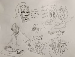 Size: 2048x1559 | Tagged: safe, artist:pony quarantine, derpibooru import, oc, oc only, oc:dyx, oc:ponyquarantine, alicorn, human, pony, clothes, dialogue, duo, duo male and female, dyxcember, female, filly, foal, grayscale, hoodie, human male, knife, lidded eyes, male, monochrome, open mouth, open smile, pencil drawing, smiling, traditional art