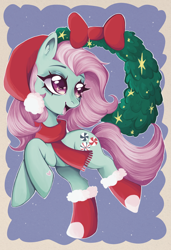 Size: 3398x4961 | Tagged: safe, artist:faelitha, derpibooru import, minty, earth pony, pony, g3, bow, christmas, clothes, cute, female, hat, heart, holiday, mare, my little pony, pink hair, santa hat, scarf, sock, solo, wreath