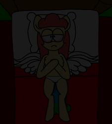 Size: 3023x3351 | Tagged: safe, artist:professorventurer, derpibooru import, oc, oc:power star, pegasus, bed, bloodshot eyes, clothes, dark, depression, female, mare, night, panties, pegasus oc, ponified, rule 85, spread wings, super mario 64, underwear, wings