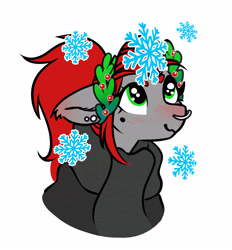 Size: 2708x2918 | Tagged: safe, artist:opalacorn, derpibooru import, oc, oc:void, pegasus, pony, clothes, female, holly, laurel wreath, looking up, mare, mole, nose blush, nose piercing, nose ring, piercing, scarf, simple background, smiling, snow, snowflake, solo, wavy mouth, white background, winter