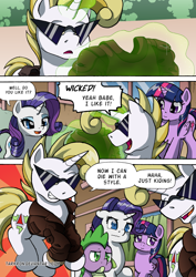 Size: 1204x1700 | Tagged: safe, artist:tarkron, derpibooru import, rarity, spike, twilight sparkle, twilight sparkle (alicorn), oc, oc:cosmo cool, alicorn, dragon, pony, unicorn, comic:the royal sandal, g4, comic, horn, misspelling