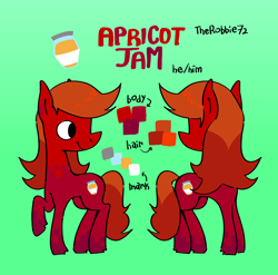 Size: 948x936 | Tagged: safe, artist:the---robbie72, derpibooru import, oc, oc only, oc:apricot jam, earth pony, pony, gradient background, male, name, raised hoof, raised leg, reference sheet, smiling, solo, stallion, text