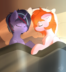 Size: 2450x2650 | Tagged: safe, artist:ermecg, derpibooru import, oc, oc only, oc:bellatrix, oc:bon voyage, pegasus, pony, unicorn, couple, duo, duo female, eyes closed, female, folded wings, horn, sleeping, wings