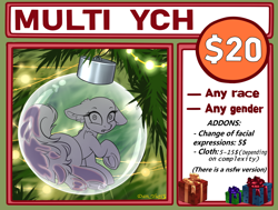 Size: 4400x3330 | Tagged: safe, alternate version, artist:yuris, derpibooru import, pony, advertisement, ball, bauble, christmas, christmas ornament, christmas tree, commission, cute, decoration, frog (hoof), garland, glass, holiday, looking at you, looking back, micro, open mouth, sitting, solo, tree, underhoof, ych sketch, your character here