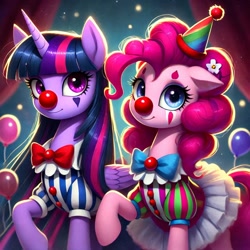 Size: 1024x1024 | Tagged: safe, ai content, derpibooru import, generator:bing image creator, generator:dall-e 3, machine learning generated, pinkie pie, twilight sparkle, alicorn, earth pony, g4, alternate hairstyle, balloon, bowtie, clothes, clown, clown nose, duo, ears, female, floppy ears, flower, flower in hair, hat, horn, long hair, mare, multicolored eyes, prompter:heydude5321, red nose, tutu, wings